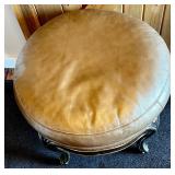 Marge Carson Round Leather Ottoman with Decorative Wood Base