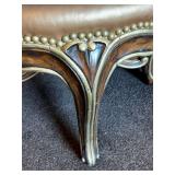 Marge Carson Round Leather Ottoman with Decorative Wood Base