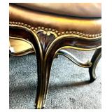 Marge Carson Round Leather Ottoman with Decorative Wood Base