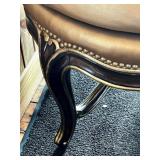 Marge Carson Round Leather Ottoman with Decorative Wood Base