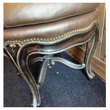 Marge Carson Round Leather Ottoman with Decorative Wood Base