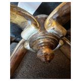 Marge Carson Round Leather Ottoman with Decorative Wood Base