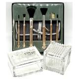 NIB Marquel Silverplate Cosmetic Brush Collection with Velvet Roll Bag and 2 Glass Storage Boxes