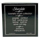 NIB Marquel Silverplate Cosmetic Brush Collection with Velvet Roll Bag and 2 Glass Storage Boxes