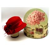 August Red Wool Dress Hat with Floral Decoration and Hat Box