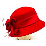 August Red Wool Dress Hat with Floral Decoration and Hat Box