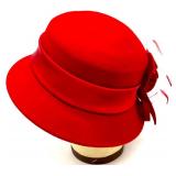 August Red Wool Dress Hat with Floral Decoration and Hat Box