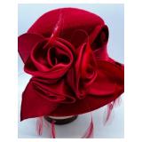 August Red Wool Dress Hat with Floral Decoration and Hat Box