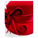 August Red Wool Dress Hat with Floral Decoration and Hat Box