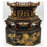 Antique Asian-Style Ornate Lacquered Wooden Tabletop Incense Burner