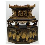 Antique Asian-Style Ornate Lacquered Wooden Tabletop Incense Burner
