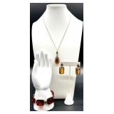 Sterling Silver and Amber Jewelry Set - Pendant Necklace, Earrings, Bracelet