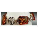 Sterling Silver and Amber Jewelry Set - Pendant Necklace, Earrings, Bracelet