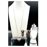 Sterling Silver Heart Pendant Necklace, Bracelet and Native American Style Dangle Earrings Set