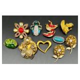 Collection of 10 Vintage Costume Brooches and Pins with Floral, Figural, and Gemstone Designs