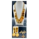 Vintage Coin Motif Jewelry Set with Necklace, Earrings, and Pendant