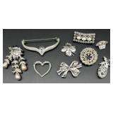 Set of 9 Vintage Rhinestone and Faux Pearl Brooch Pins