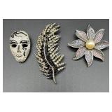Set of 3 Decorative Costume Brooch Pins - Mask, Leaf, and Flower Designs