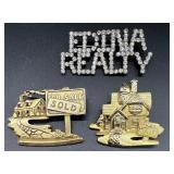 Set of 3 Realtor Brooch Pins including Edina Realty Rhinestone and Sold House Pins