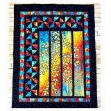 Artisan Handmade Colorful Art Quilt Wall Hanging with Leaf Motif and Patchwork