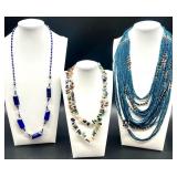 Set of 3 Beaded Necklaces - Blue Seed Beads, Lapis Blue & Stone Chips