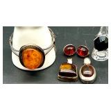 Vintage Sterling Silver Amber Jewelry Set - Bracelet, Earrings, and Pendants
