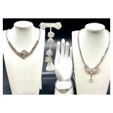 Vintage Rhinestone Jewelry Set with Clip-On Earrings, Necklaces, and Bracelet