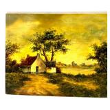 Signed Oil Painting on Wood Board Rural Cottage Landscape