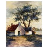 Signed Oil Painting on Wood Board Rural Cottage Landscape