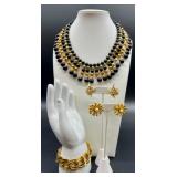 Vintage Jewelry Set - Black and Gold Bead Necklace, Monet Gold-Tone Bracelet, and Rhinestone Clip Earrings