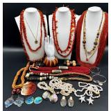 Collection of Assorted Costume Jewelry Necklaces and Earrings with Shell and Abalone Accents