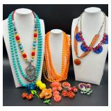 Vintage Costume Jewelry Collection: Beaded Necklaces, Brooches, and Clip-On and Pierced Earrings. Featuring Betsy Johnson Necklace