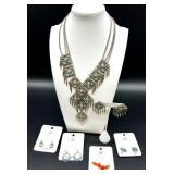 Southwest-Style Statement Necklace with Turquoise Accents and 5 Pairs of Earrings including Christopher and Banks