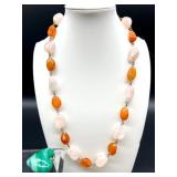 Stone Bead Necklace with Pink and Orange Tones and Green Heart Pendant
