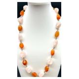 Stone Bead Necklace with Pink and Orange Tones and Green Heart Pendant