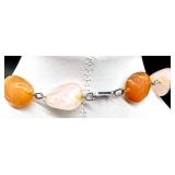 Stone Bead Necklace with Pink and Orange Tones and Green Heart Pendant