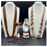 Beaded Jewelry Set with Multistrand Necklaces, Bracelets and Clip-On Earrings
