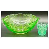 Vintage Vaseline UV Reactive Glass Bowl and Decorative Toothpick Cup