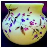 Antique Victorian Hand Painted Uranium Glass Vase with Floral Design