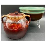 Set of 2 Vintage Glazed Stoneware Kitchen Pieces - Mixing Bowl and USA Pottery Lidded Crock