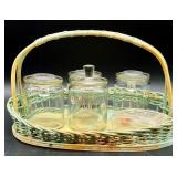 Vintage Apothecary Glass Jars and Soap Dish Set with Wicker Basket