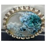 Vintage Moss Agate Stone Brooch with Floral Sterling Silver Frame