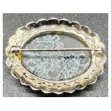 Vintage Moss Agate Stone Brooch with Floral Sterling Silver Frame