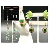 Set of Sterling Silver Green Gemstone Earrings, Statement Ring and Additional Earrings
