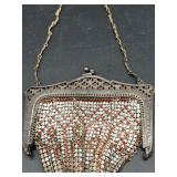 Antique Mesh Chainmail Purse and Compact Set with Mother of Pearl Inlay