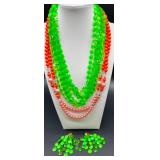 Collection of Colorful Vintage Beaded Necklaces with Matching Earrings and Floral Clip-Ons