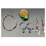 Collection of Colorful Vintage Beaded Necklaces with Matching Earrings and Floral Clip-Ons