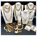 Vintage Monet and Trifari Gold-tone Costume Jewelry Collection with Necklaces, Bracelets, and Earrings