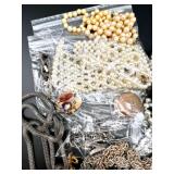 Large Assorted Costume Jewelry Pieces for Repair and Crafting Lot with Beads, Necklaces, Brooches, and Buttons
