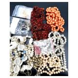 Large Assorted Costume Jewelry Pieces for Repair and Crafting Lot with Beads, Necklaces, Brooches, and Buttons